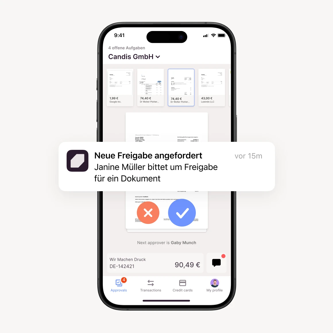 Die Candis-App für digitale Rechnungsfreigabe ist abgebildet.