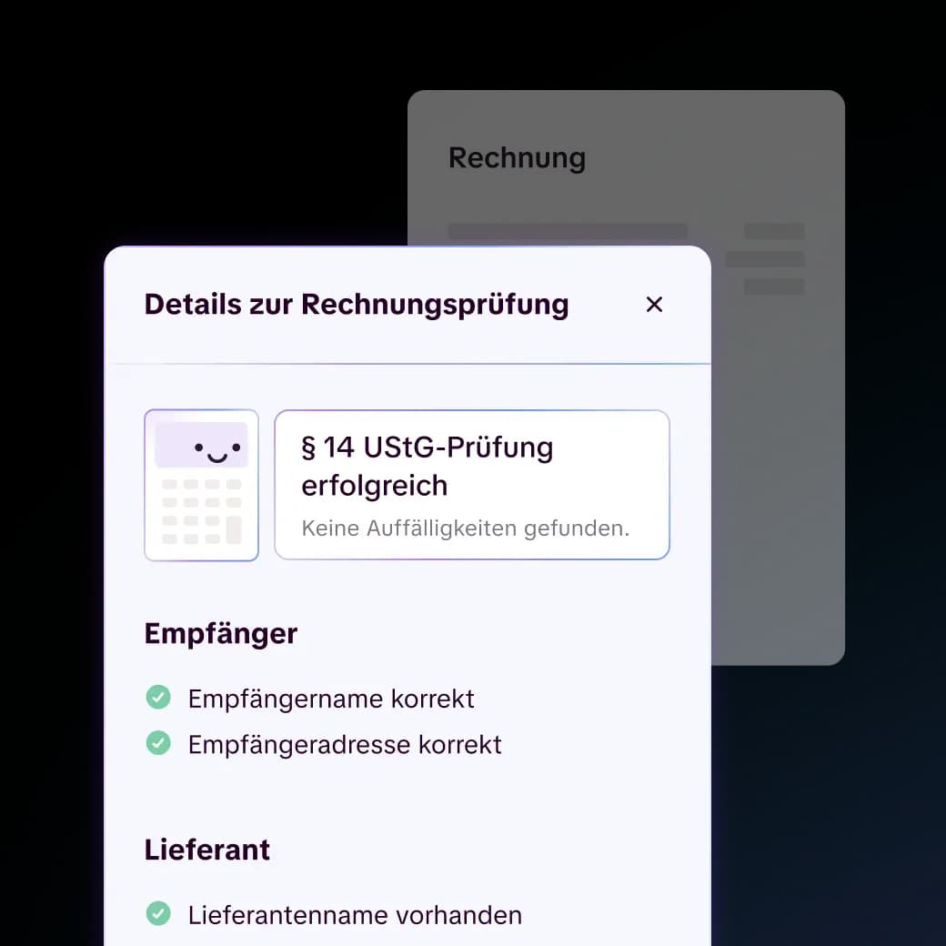 Candis prüft Rechnungen: § 14 UStG erfolgreich, Empfängerangaben korrekt und Lieferantenname vorhanden.